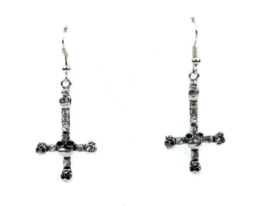 Silver Inverted Cross Skull Gothic Earrings Cosplay