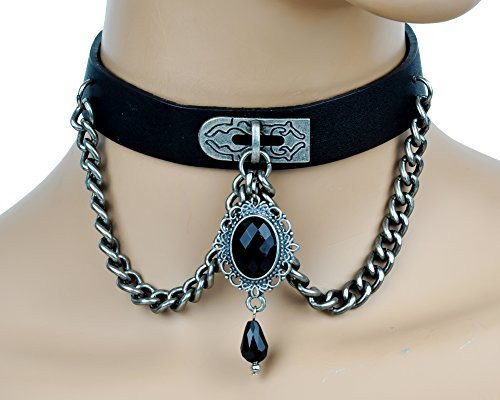 Black Stone Victorian Pendant Chain Pleather Choker Gothic Collar