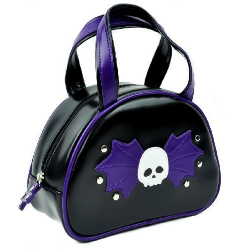 Black and Purple Bat Wing Skull Bowler Bag Purse