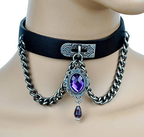 Purple Stone Victorian Pendant Chain Pleather Choker Gothic Collar