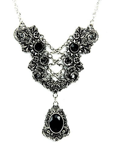 Silver Corset Chain Lace Victorian Pendant Necklace with Black Stones