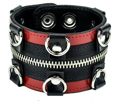 Red Trim D Rings with Zipper Wristband Leather Bracelet