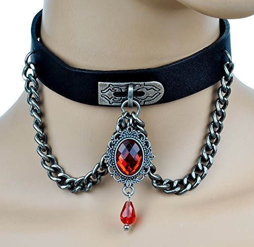 Red Stone Victorian Pendant Chain Pleather Choker Gothic Collar