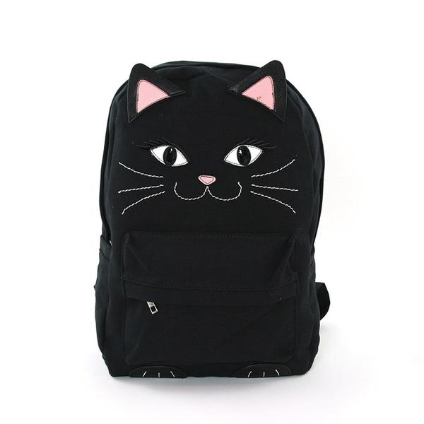 Black Kitty Cat Face Canvas Backpack Bag
