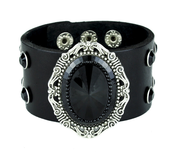 Black Stone Leather Wristband with Antique Silver Filigree Setting