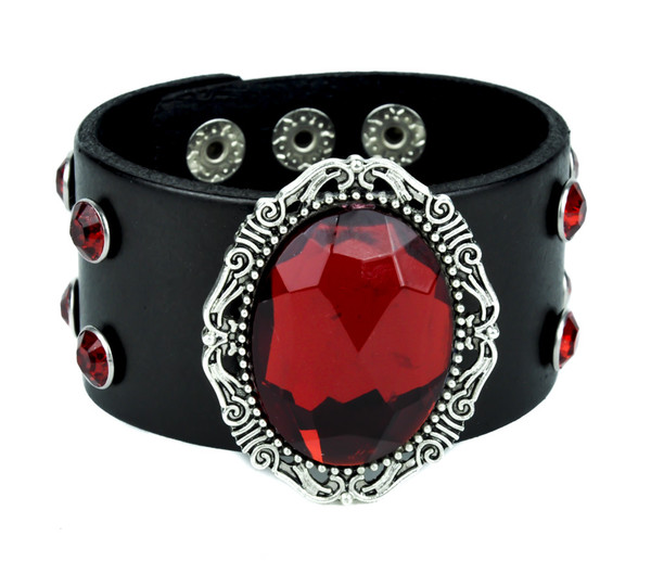 Red Stone Leather Wristband with Antique Silver Filigree Setting