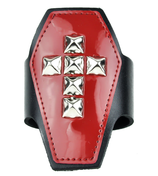 Red PVC Coffin Shaped w/ Silver Pyramid Stud Cross Leather Wristband Cuff Bracelet