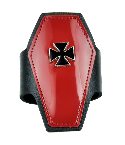 Red PVC Coffin Shaped w/ Iron Cross Leather Wristband Cuff Bracelet