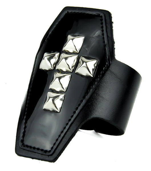 Black PVC Coffin Shaped w/ Silver Pyramid Stud Cross Leather Wristband Cuff Bracelet