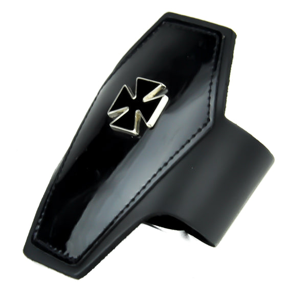 Black PVC Coffin Shaped w/ Iron Cross Leather Wristband Cuff Bracelet