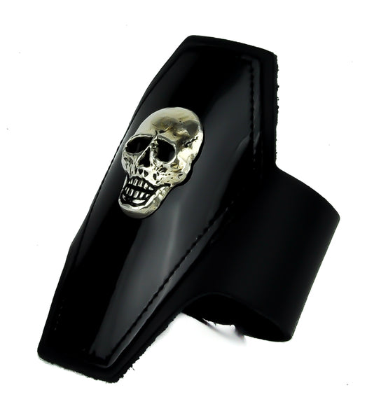 Black PVC Coffin Shaped w/ Skull Leather Wristband Cuff Bracelet