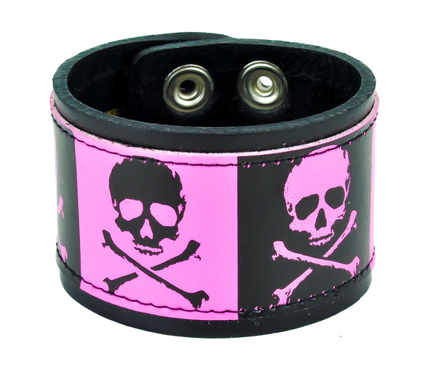 Black & Pink Skull & Crossbones Leather Wristband Cuff Bracelet 2" Wide