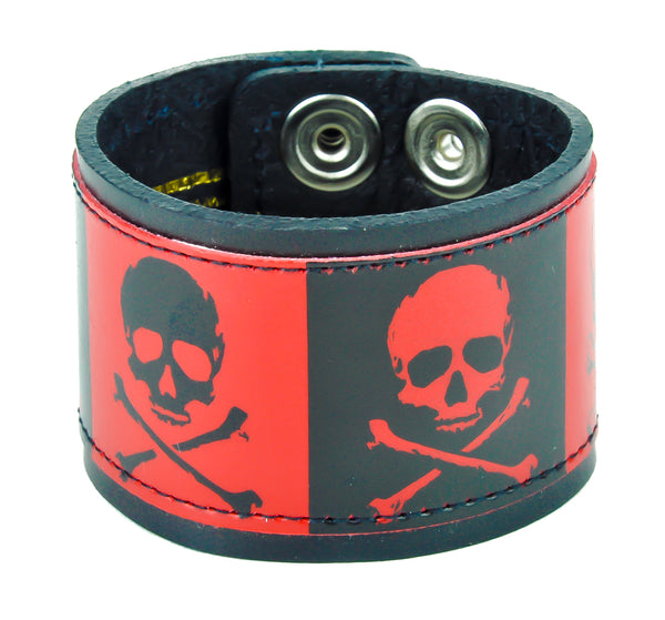 Black & Red Skull & Crossbones Leather Wristband Cuff Bracelet 2" Wide
