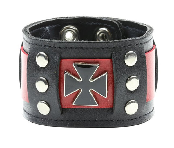 Black Leather Studded Wristband Bracelet w/ Red Strap & Iron Cross 1-1/2" Wide