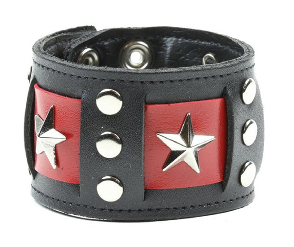 Black Leather Studded Wristband Bracelet w/ Red Strap & Star 1-1/2" Wide