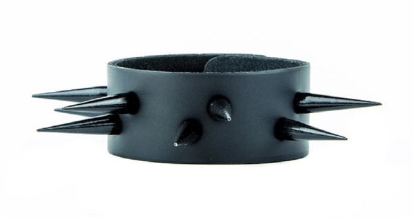 2 Row Tall 1-1/2" Black Spike Leather Wristband Bracelet