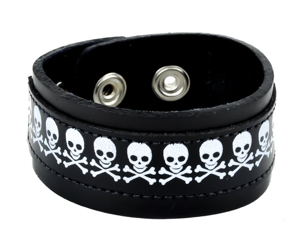 Black & White Skull & Crossbones Leather Wristband Cuff Bracelet 1-1/4" Wide