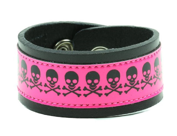 Black & Pink Skull & Crossbones Leather Wristband Cuff Bracelet 1-1/4" Wide
