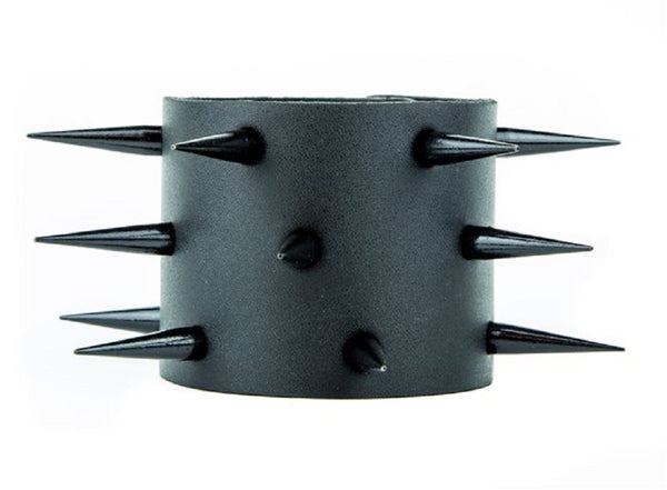 3 Row Tall & Black Skinny Spike Leather Wristband Cuff Bracelet 2-1/2" Wide