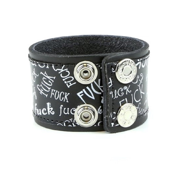 Black & White Fuck Leather Wristband Cuff Bracelet 2" Wide