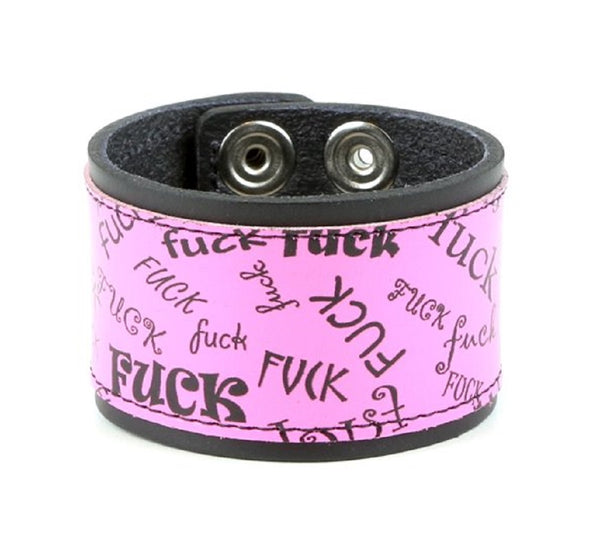 Black & Pink Fuck Leather Wristband Cuff Bracelet 2" Wide