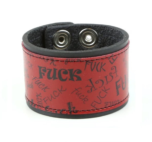 Black & Red Fuck Leather Wristband Cuff Bracelet 2" Wide