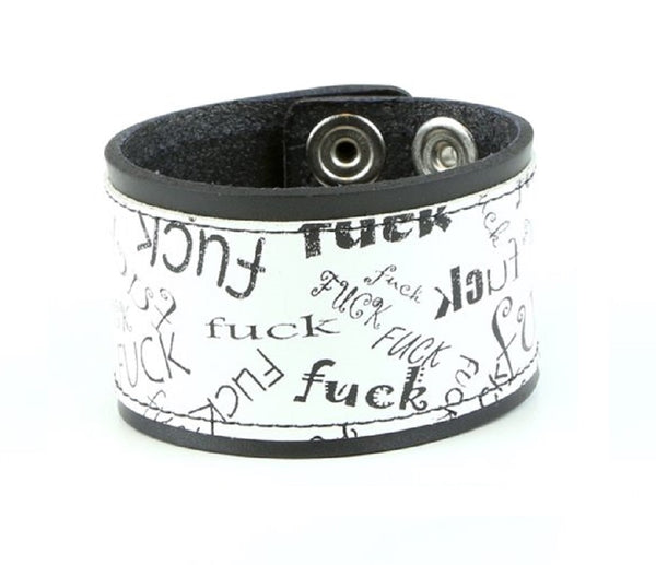 White & Black Fuck Leather Wristband Cuff Bracelet 2" Wide