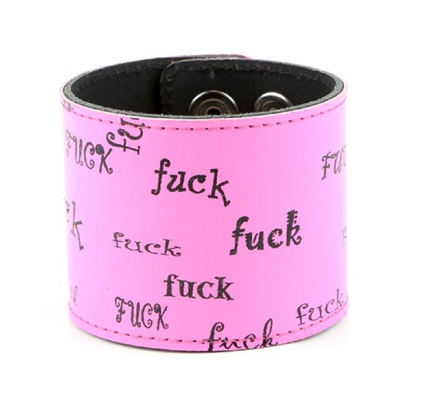 Black & Pink Fuck Leather Wristband Cuff Bracelet 2-1/2" Wide