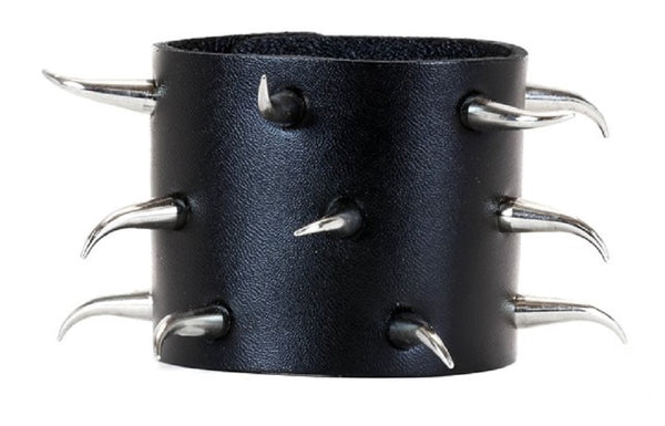 3 Row Curved Horn Silver Spike Black Leather Wristband Cuff Bracelet 2-1/2" Wide