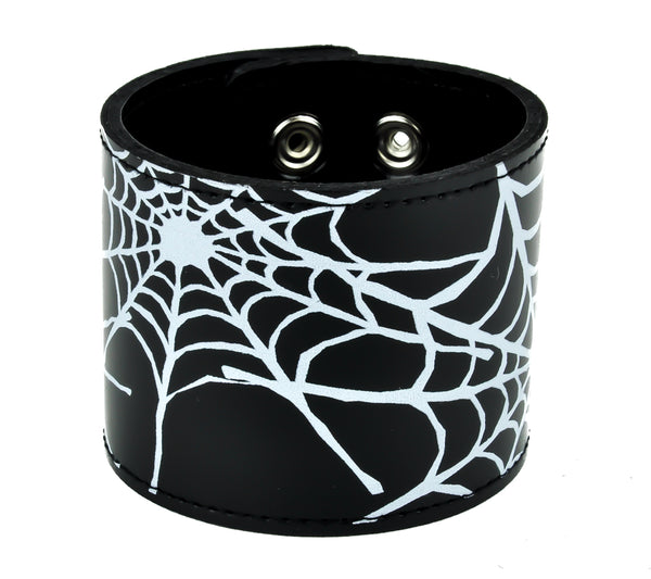 Black & White Spiderweb Leather Wristband Cuff Bracelet 2-1/2" Wide