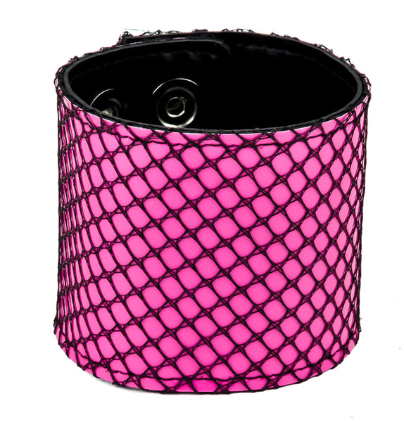 Pink & Black Fishnet Leather Wristband Cuff Bracelet 2-1/2" Wide