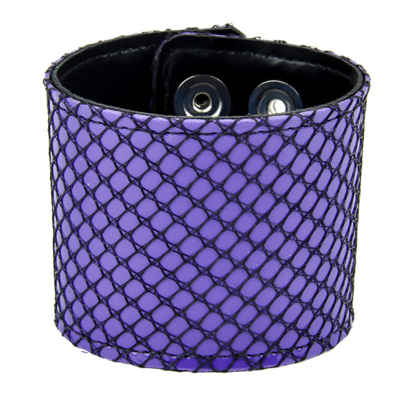 Purple & Black Fishnet Leather Wristband Cuff Bracelet 2-1/2" Wide