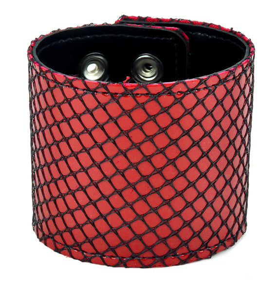 Red & Black Fishnet Leather Wristband Cuff Bracelet 2-1/2" Wide