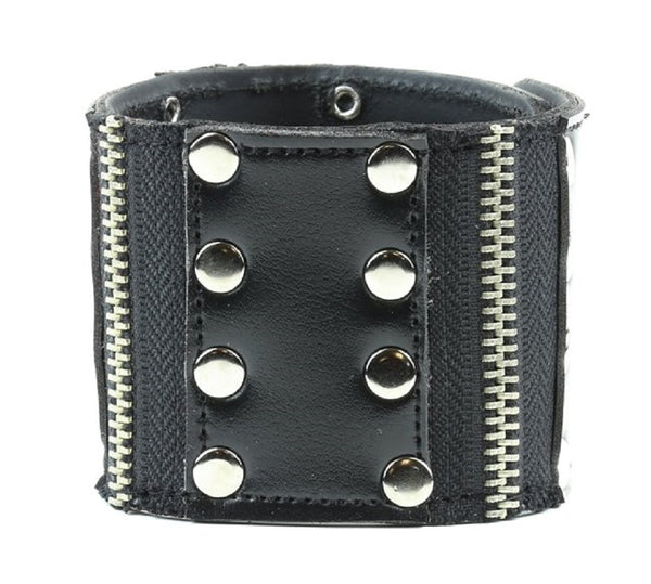 Black Rivet Studded w/ Zipper 3 Panel Leather Wristband Cuff Bracelet 2-1/2" Wide