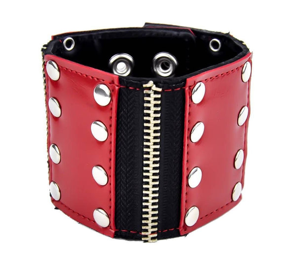 Red Rivet Studded w/ Zipper 3 Panel Leather Wristband Cuff Bracelet 2-1/2" Wide