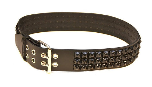3-Row Black 5/8" Pyramid Stud Black Leather Belt 2 1/2" Wide