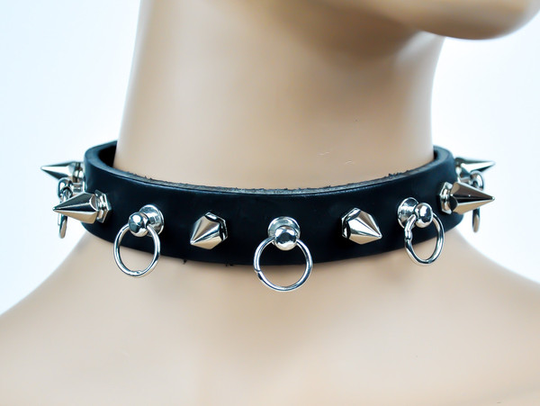1/2" Fauceted Spikes & O Ring Hoop Studs Leather Choker 3/4" Wide