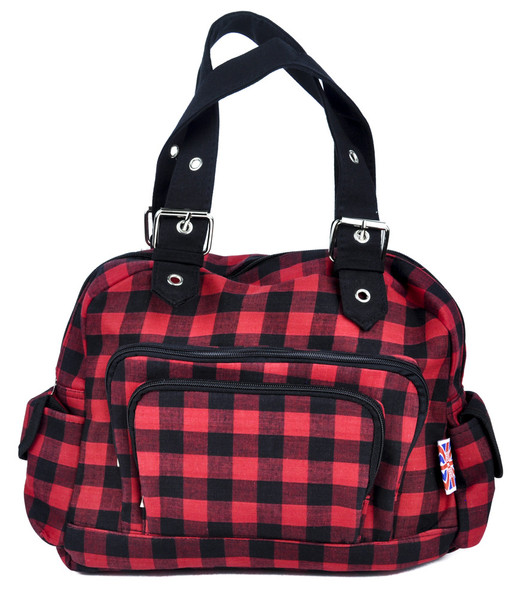 Black & Red Stripe Plaid Hand Bag Punk Purse with Cell Phone Pocket