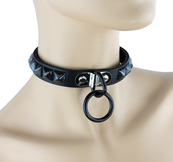 Black O Ring Fetish Black Leather Choker with Pyramid Studs Cosplay Collar