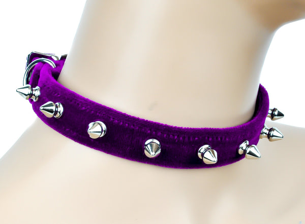 Purple Velvet Choker Necklace with 1/2" Silver Spikes Gothic Collar
