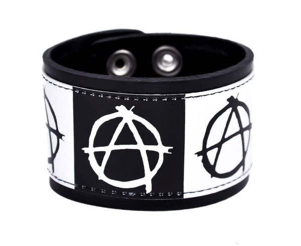 Black & White Anarchy Leather Wristband Cuff Bracelet 2" Wide