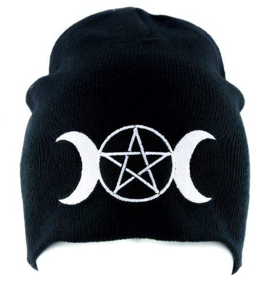 Triple Goddess Wicca Pentagram Beanie Knit Cap Pagan Clothing Three Moon Witchcraft