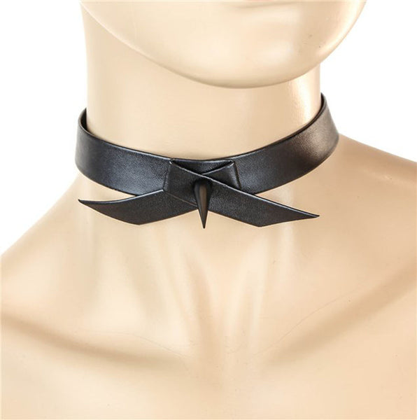 Black Ribbon Tie Black Spike Leather Choker Alternative Clothing Emo Dancer Collar