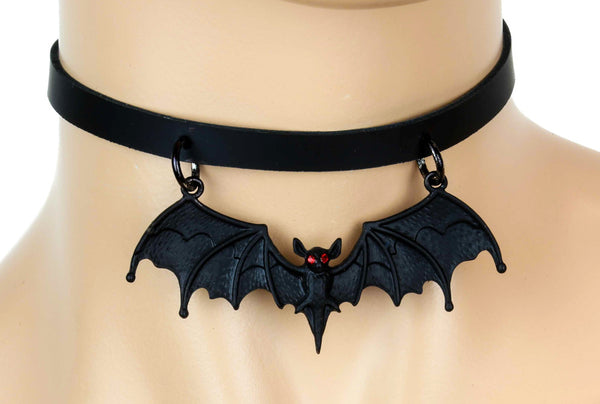 Gothic Hanging Vampire Bat Leather Choker Necklace Alternative Collar