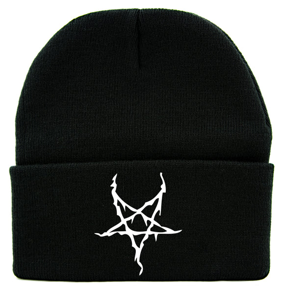 White Black Metal Style Inverted Pentagram Cuff Beanie Knit Cap Occult