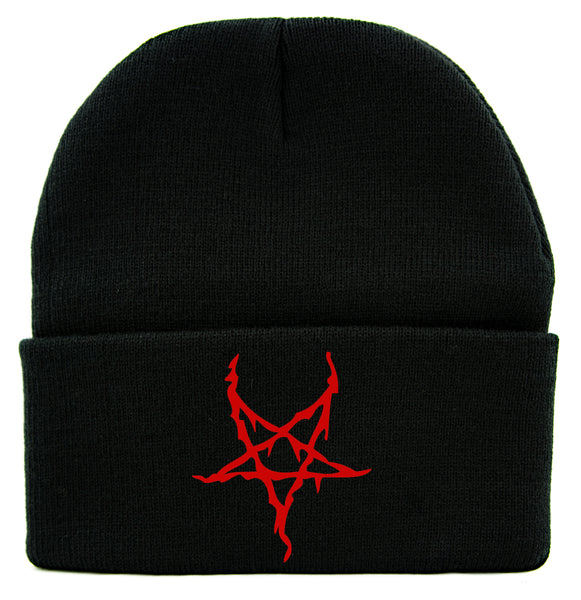 Red Black Metal Style Inverted Pentagram Cuff Beanie Knit Cap Occult
