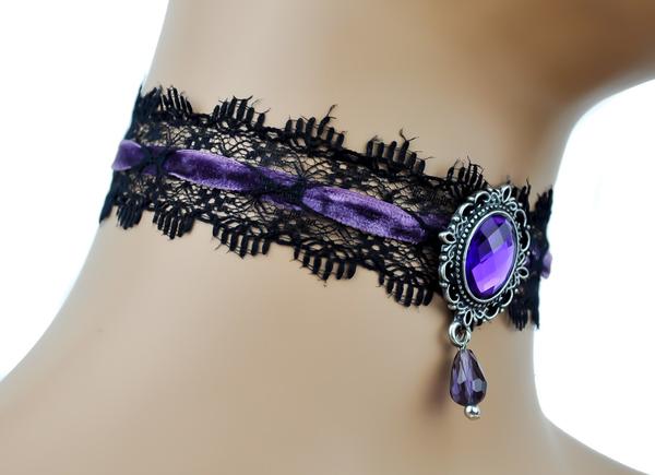 Purple Stone & Black Victorian Lace Choker with Velvet Ribbon