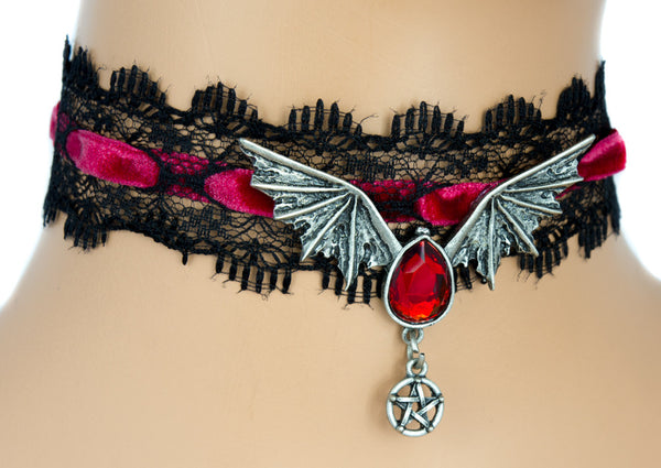 Black Lace Red Velvet Choker with Bat Wing Red Stone Pendant Gothic Jewelry