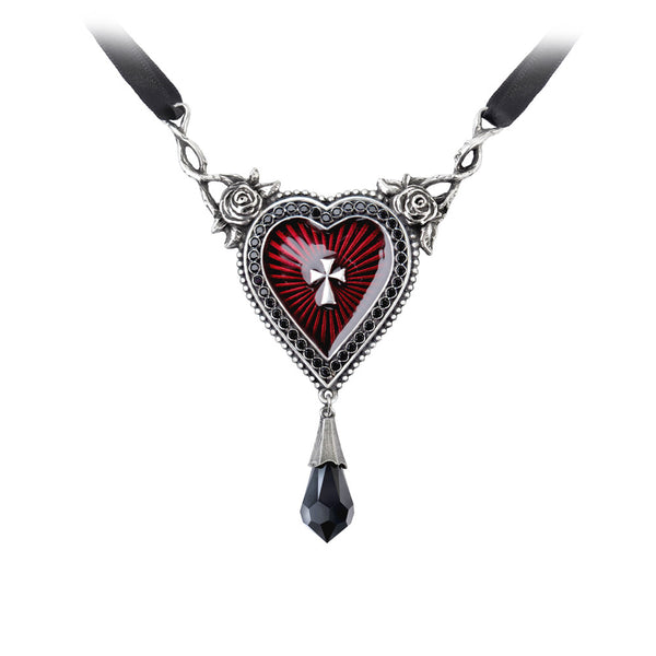 Alchemy Gothic The Sacred Red Heart w/ Roses & Teardrop Choker Pendant Necklace