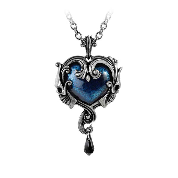 Alchemy Gothic Affaire du Coeur Blue Heart w/ Skulls Pendant Necklace